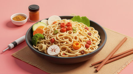 Bowl of noodles with vegetables and chopsticks on a pink backgroundの素材