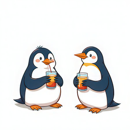 Two penguins with drinks on a white background. Vector illustration.の素材