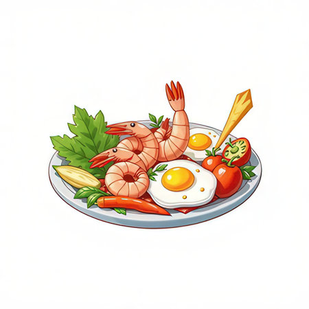 Fried eggs with shrimps on plate. Vector illustration.の素材