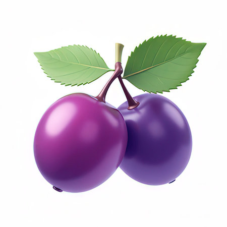 Plums isolated on white background. 3d illustration. Clipping pathの素材