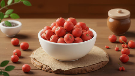 Fresh red tomatoes in a white bowl on a wooden table with space for textの素材