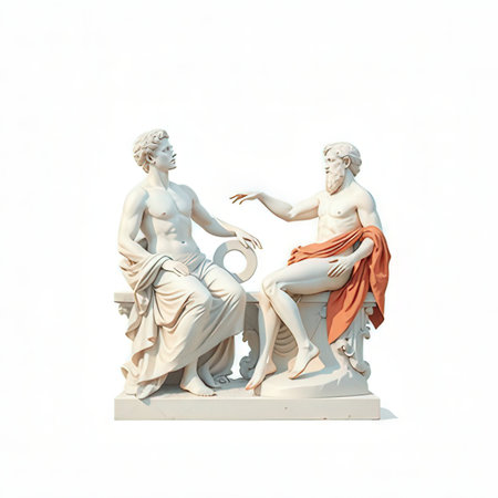 Statues of a man and a woman on a white background.