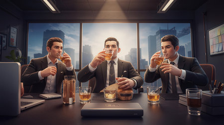 Group of business people in suits drinking whiskey and talking while sitting at the table in officeの素材