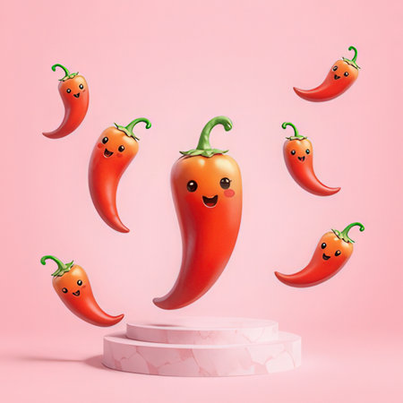 3d illustration of hot chili peppers on podium in pink background.の素材