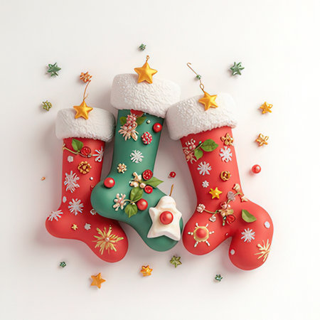 Christmas socks with snowflakes and christmas decorations on white backgroundの素材