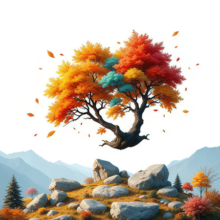 Colorful autumn landscape with a tree on a hillside. Illustrationの素材