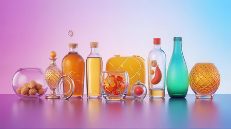 Glass bottles on colorful background. 3d illustrationの素材