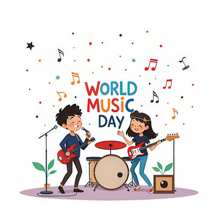 World Music Day poster with people playing musical instruments, vector illustration.の素材