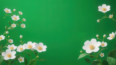 White jasmine flowers on a green background with copy space.の素材