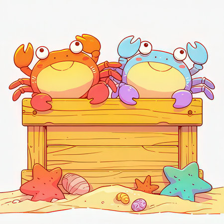 Illustration of Cute Crab and Starfish on a Beach Boardの素材