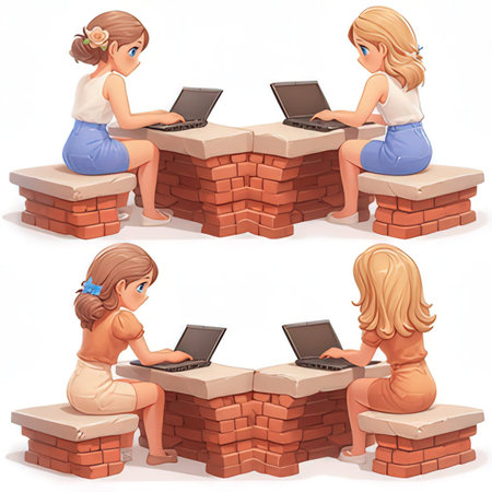 Two girls sit at the table with laptops. Vector cartoon illustration.の素材