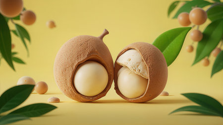 Fresh macadamia nuts on a yellow background. 3d renderingの素材