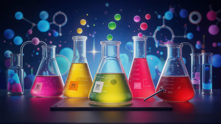 Laboratory glassware with colorful chemical liquids, 3d illustration.の素材
