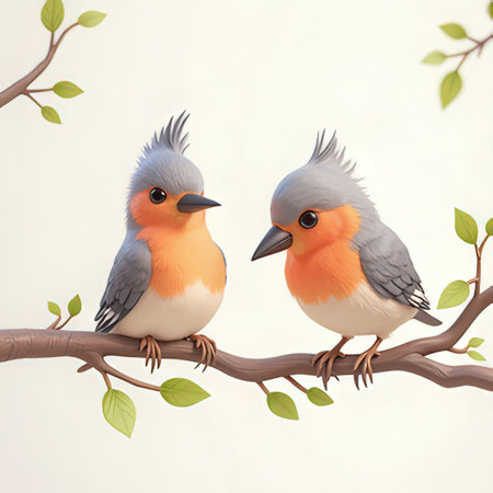 Two robins sitting on a branch with green leaves. Vector illustration.の素材