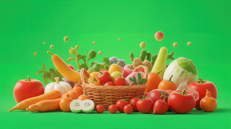 Vegetables and fruits in a basket on a green background.の素材