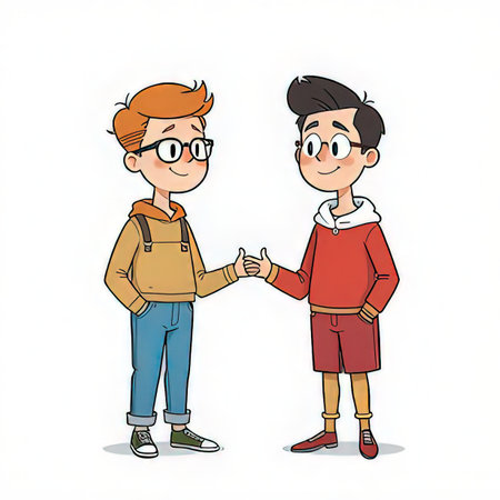 Two boys standing and shaking hands. Hand drawn cartoon vector illustration.の素材