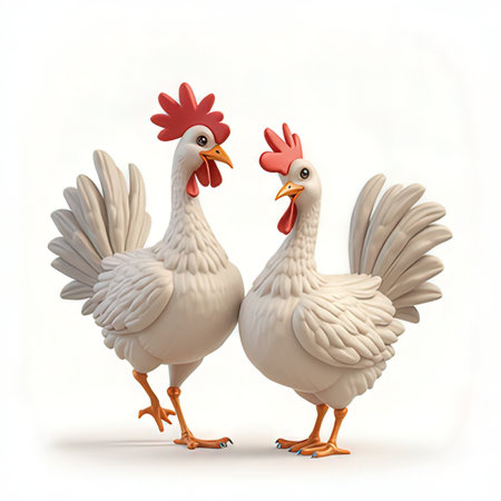 Two white roosters on a white background. 3d renderingの素材