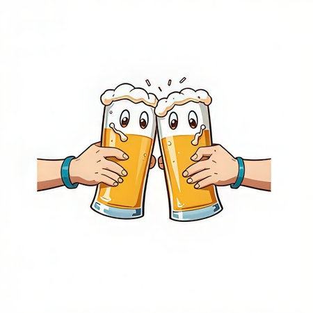 Illustration of two hands clinking glasses of beer on white backgroundの素材