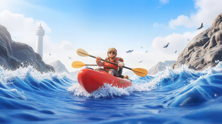 Young attractive woman in floating kayak in blue ocean. Mixed mediaの素材