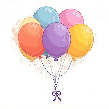 Colored balloons with ribbons on white background. Vector illustration.の素材
