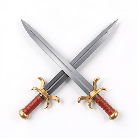 Two crossed swords isolated on a white background. 3d render.の素材