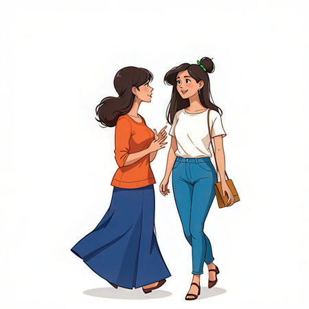 Vector illustration of two beautiful young women in casual clothes on a white backgroundの素材