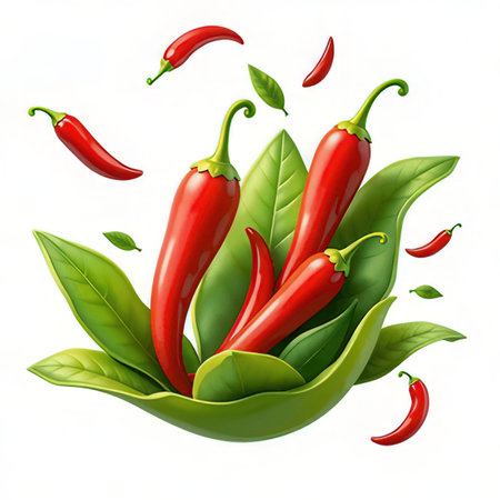 Hot chilli peppers and leaves isolated on white background. Vector illustration.の素材