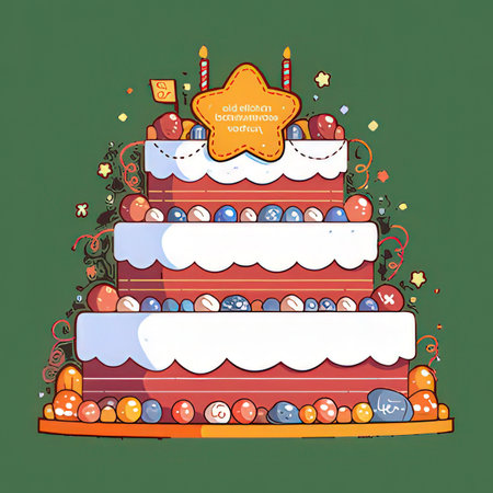 Birthday cake with candles and sweets on green background. Vector illustration.の素材