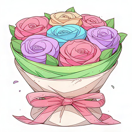 Illustration of a bouquet of roses with a ribbon on a white backgroundの素材