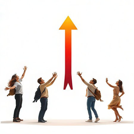 Group of business people standing in front of an arrow pointing up.の素材