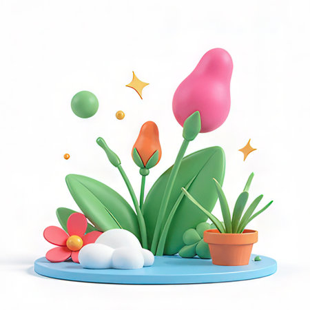 Funny cartoon flowers on a white background. 3d rendering.の素材