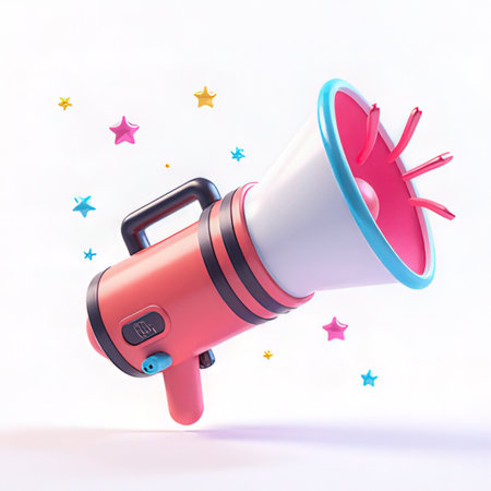 Megaphone with colorful stars on white background. 3D rendering.の素材