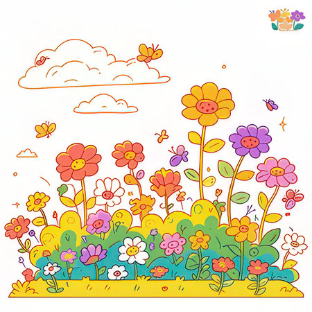 Flowers and butterflies in the garden, hand drawn vector illustration.の素材