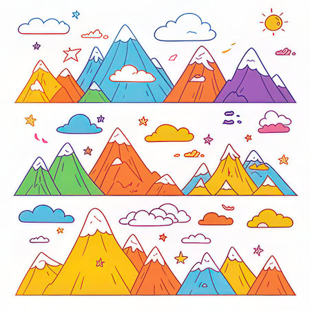 Set of mountains and clouds in doodle style. Vector illustrationの素材