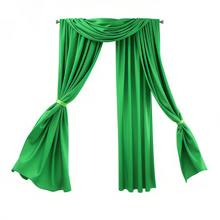 Green curtains isolated on white background. Include clipping path. 3d renderの素材