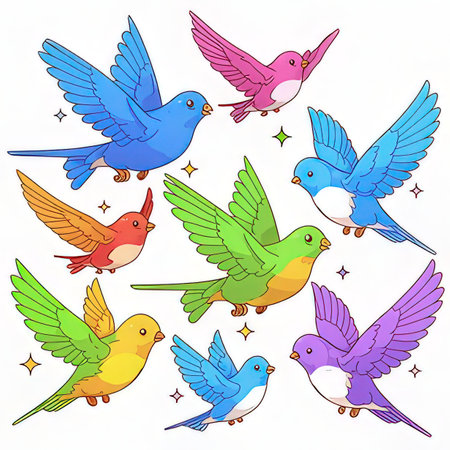 Set of colorful birds isolated on a white background. Vector illustration.の素材