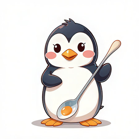 Cute cartoon penguin with a ladle on a white backgroundの素材
