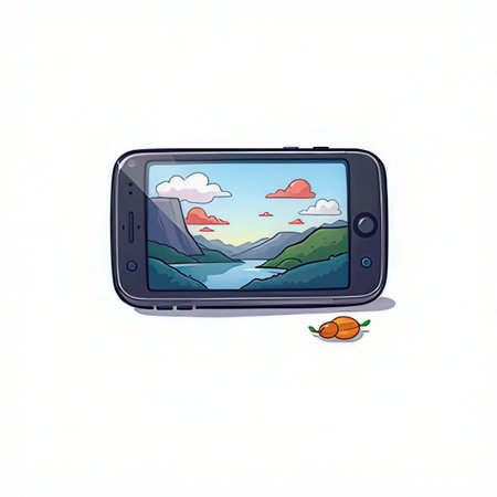 Vector illustration of a smartphone with the view of the mountains and the river.の素材