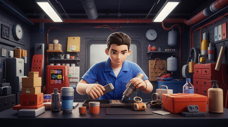 Young man in a garage working with tools. 3d rendering.の素材