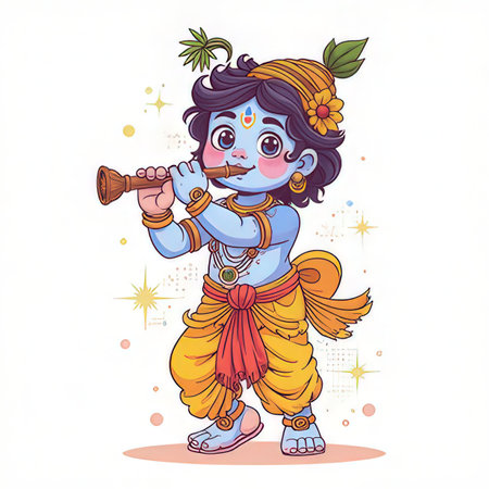 Vector illustration of Lord Krishna in traditional Indian costume playing the flute.の素材