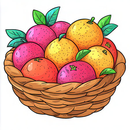 Illustration of a basket full of oranges and tangerines.の素材