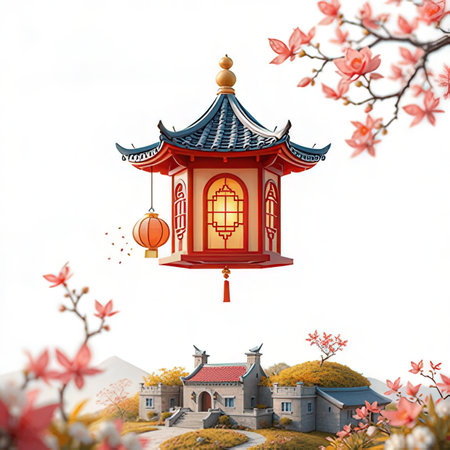 Chinese lanterns with cherry blossom in the background. 3d renderingの素材