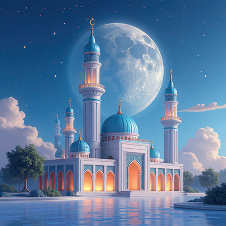 Illustration of mosque in the moonlight. Ramadan Kareem backgroundの素材