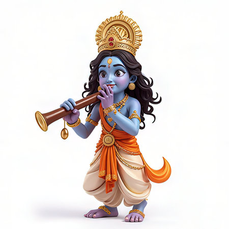 Lord Krishna with musical instrument - 3D Illustration.の素材