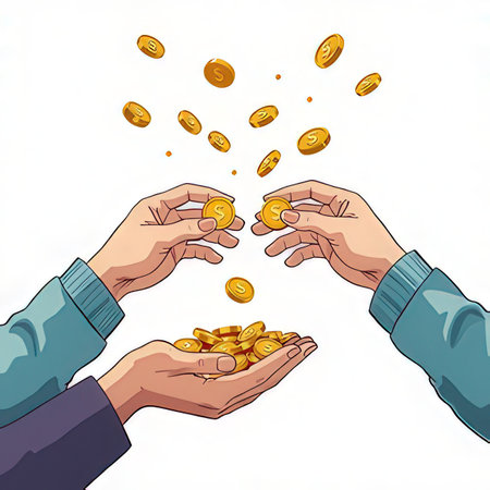 Vector illustration of hands holding gold coins. Money and finance concept.の素材