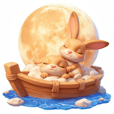 Cute cartoon rabbits in a boat with a full moon in the backgroundの素材