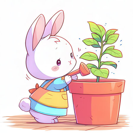 Cute cartoon bunny watering a plant in a pot. Vector illustration.の素材