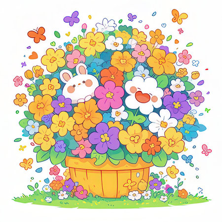 Hand drawn vector illustration of a basket with flowers and a cute bunnyの素材