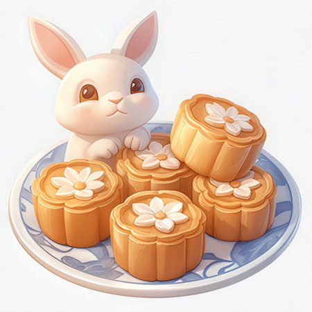 Cute cartoon bunny and cakes on a plate. Vector illustration.の素材