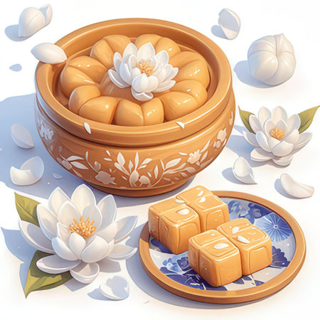 Illustration of a bowl of honey and a lotus flower.の素材